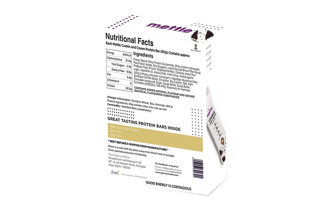 Mettle Cookie And Cream Protein Bar   Box  360 grams